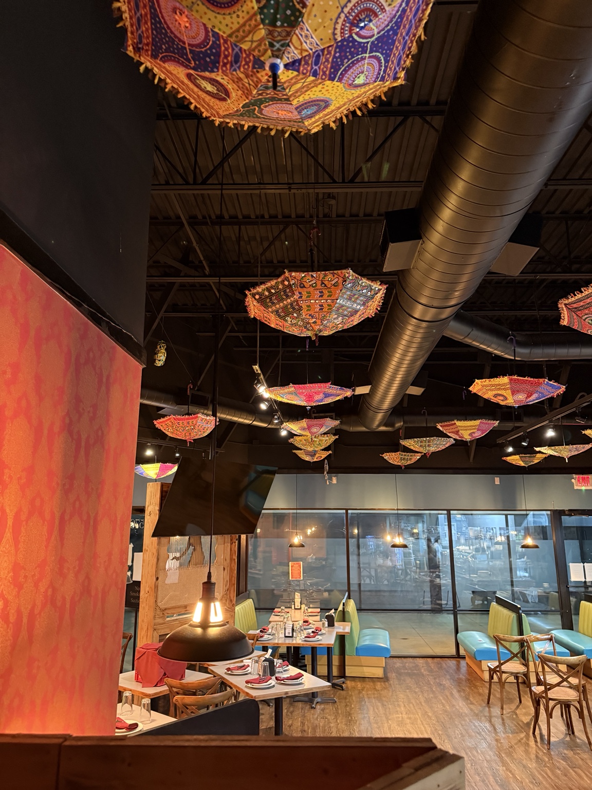 Indian Masala dining room with colorful handcrafted umbrellas